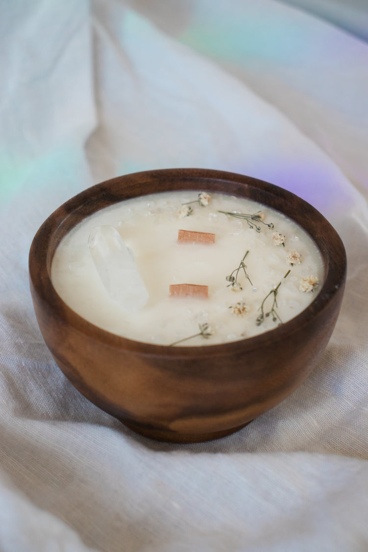 Floral + Crystal Soy Candle in Wood Bowl - White