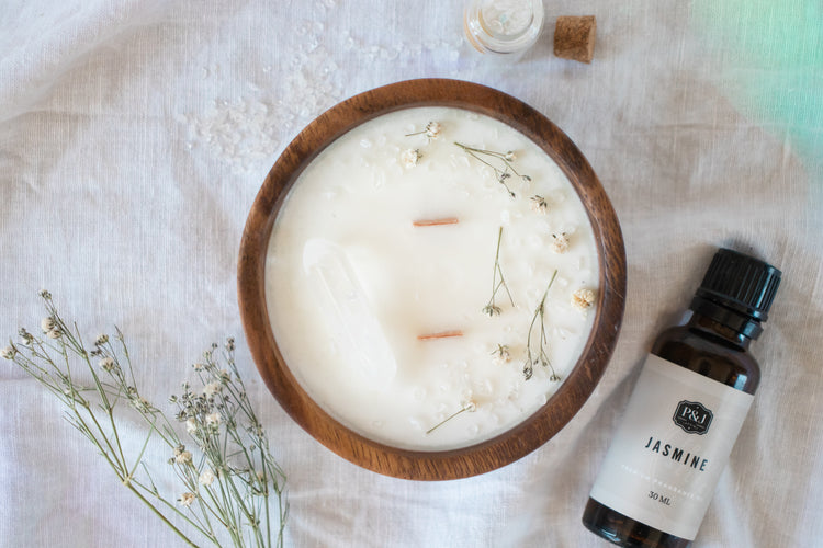 Floral + Crystal Soy Candle in Wood Bowl - White