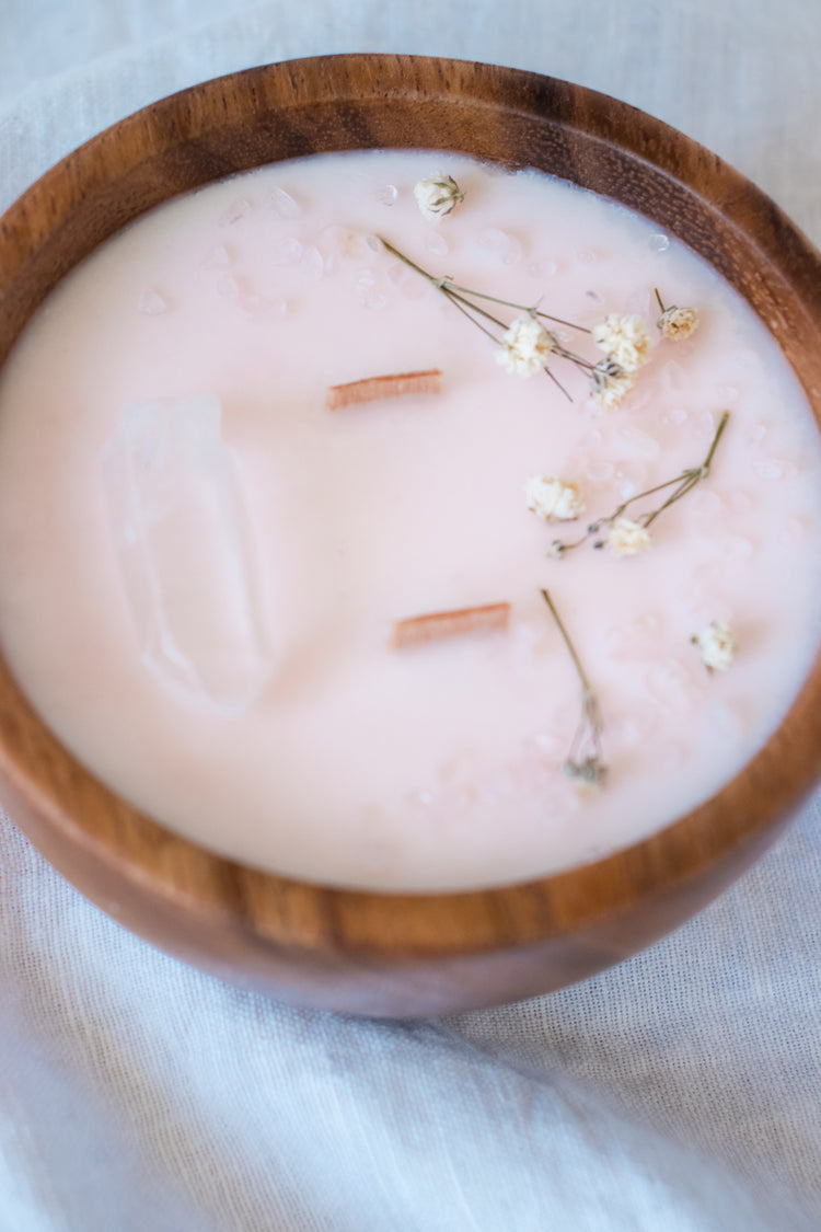 Floral + Crystal Soy Candle in Wood Bowl - Blush Pink