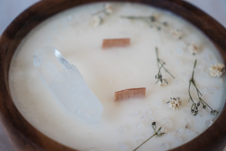 Floral + Crystal Soy Candle in Wood Bowl - White