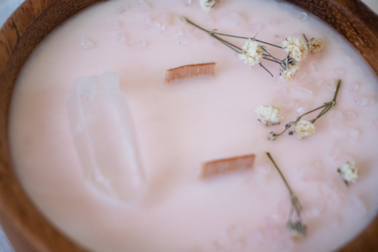 Floral + Crystal Soy Candle in Wood Bowl - Blush Pink