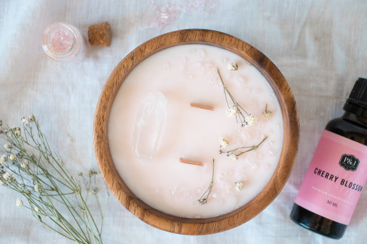 Floral + Crystal Soy Candle in Wood Bowl - Blush Pink