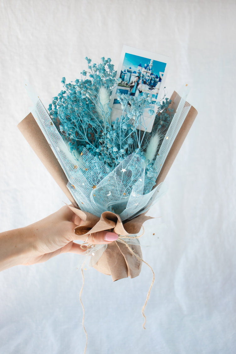 Petite Custom Photo Bouquet - Dried Blue Baby’s Breath + Kraft Wrap