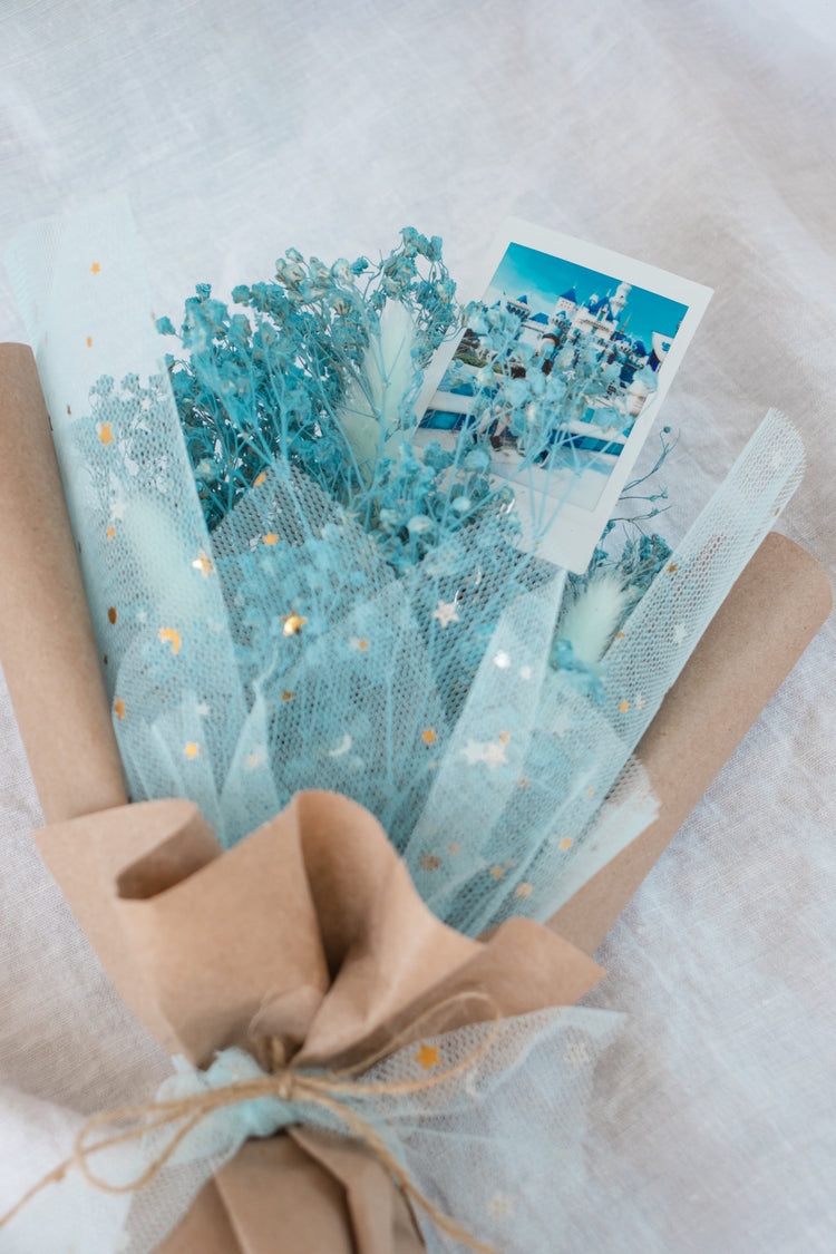 Petite Custom Photo Bouquet - Dried Blue Baby’s Breath + Kraft Wrap