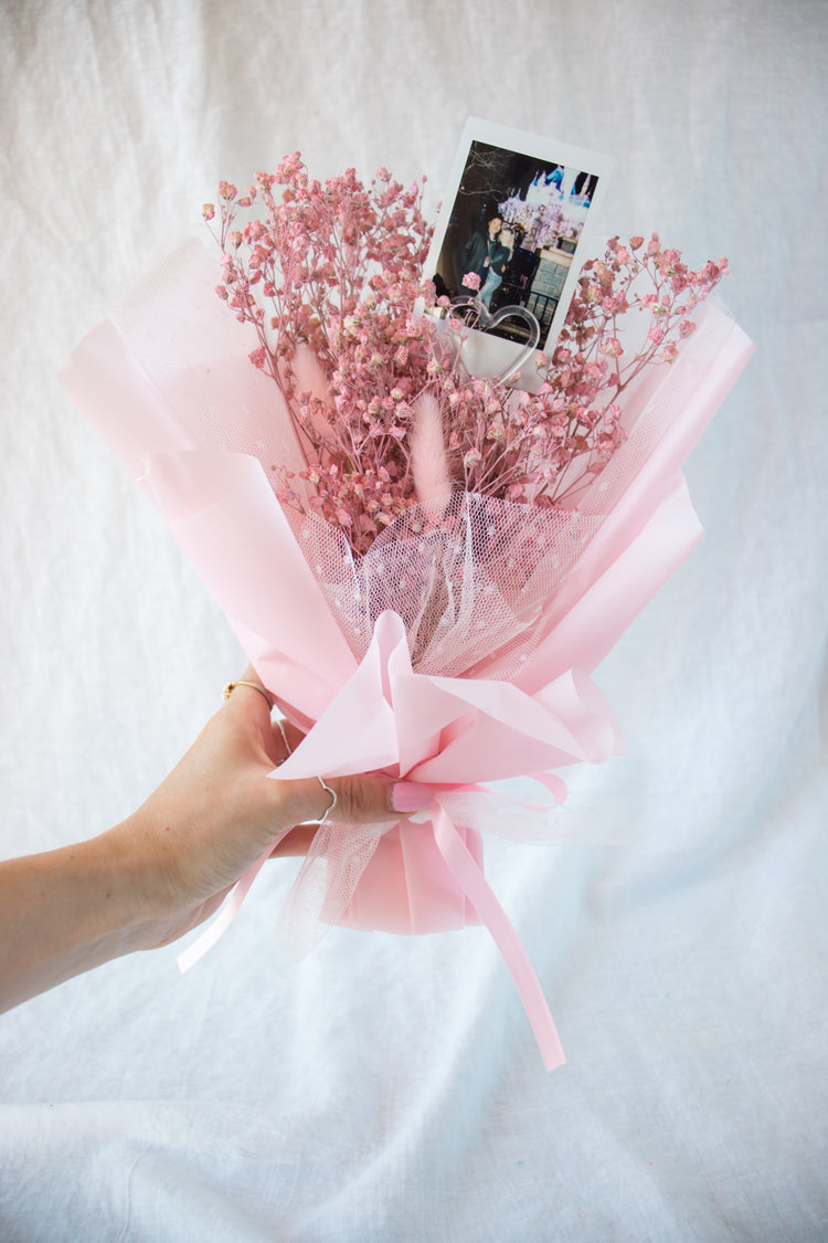 Petite Custom Photo Bouquet - Dried Pink Baby’s Breath + Blush Pink Wrap