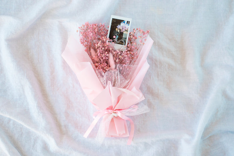 Petite Custom Photo Bouquet - Dried Pink Baby’s Breath + Blush Pink Wrap