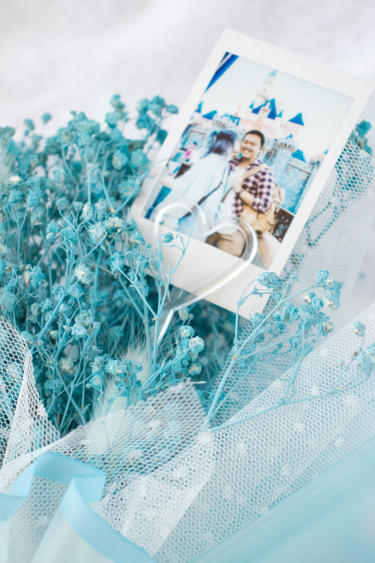 Petite Custom Photo Bouquet - Dried Blue Baby’s Breath + Aqua Wrap