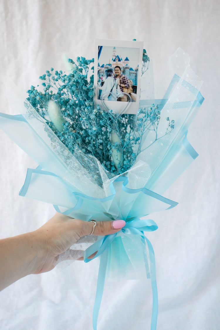 Petite Custom Photo Bouquet - Dried Blue Baby’s Breath + Aqua Wrap