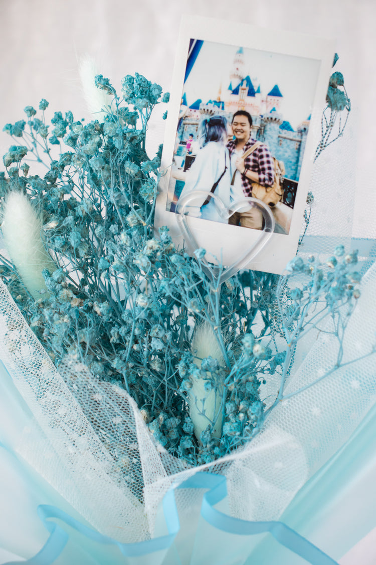 Petite Custom Photo Bouquet - Dried Blue Baby’s Breath + Aqua Wrap