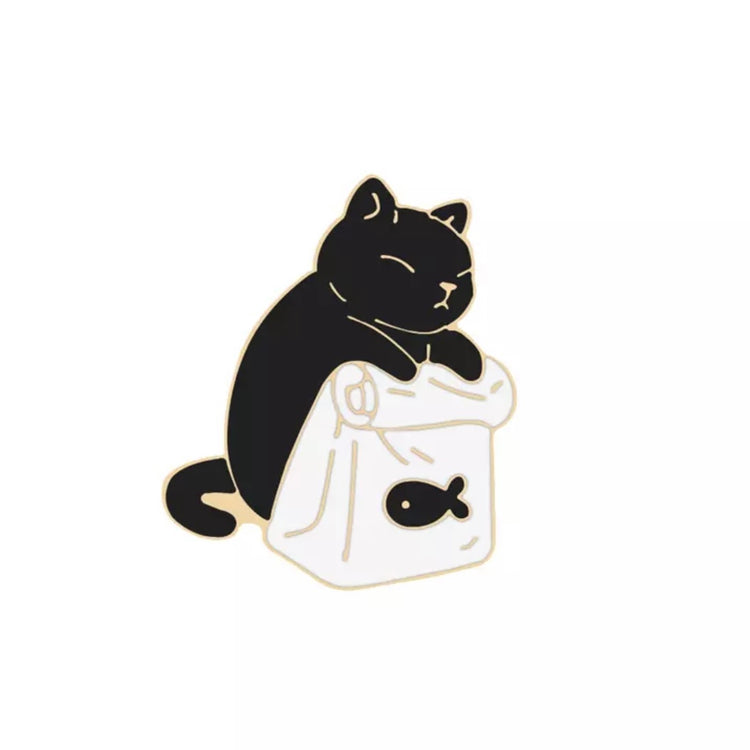 Cute Black Cat with Fish Bag Enamel Pin