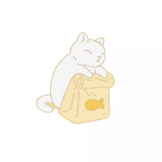 Cute White Cat with Fish Bag Enamel Pin
