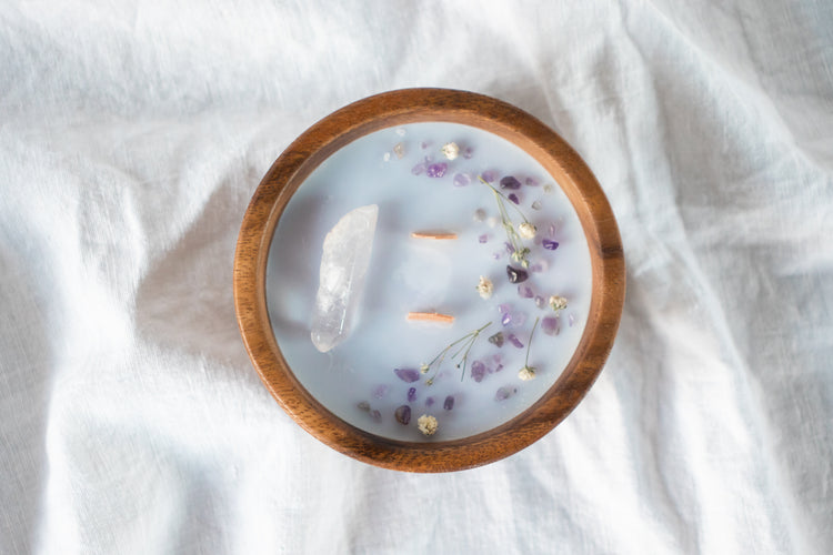 Floral + Crystal Soy Candle in Wood Bowl - Lilac