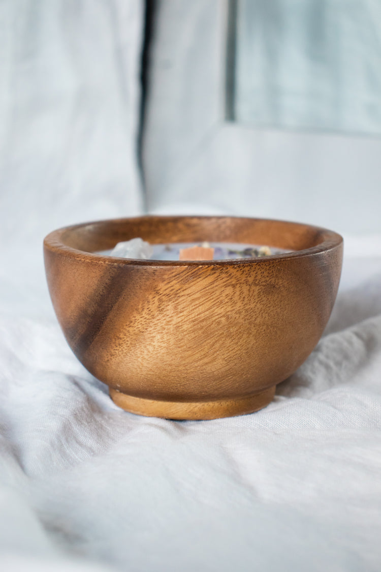 Floral + Crystal Soy Candle in Wood Bowl - Lilac