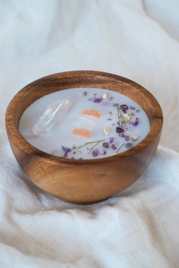 Floral + Crystal Soy Candle in Wood Bowl - Lilac