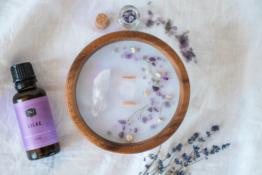 Floral + Crystal Soy Candle in Wood Bowl - Lilac