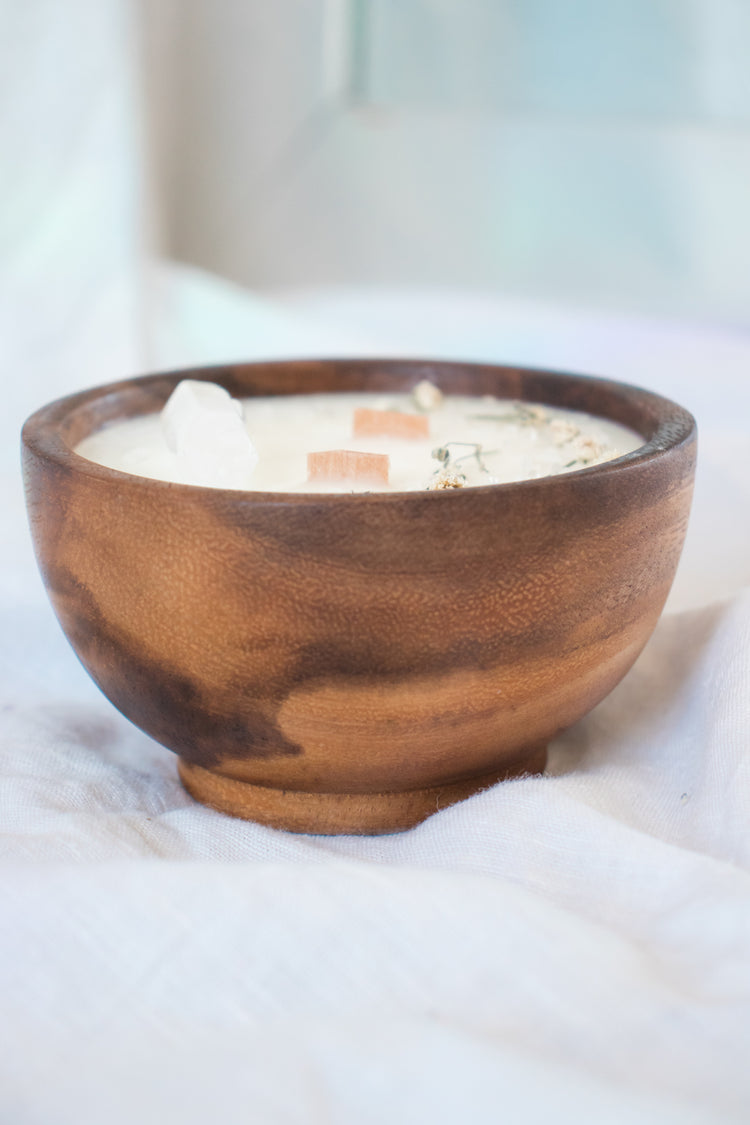 Floral + Crystal Soy Candle in Wood Bowl - White