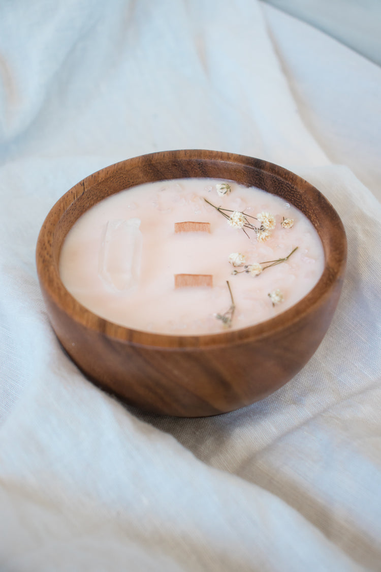 Floral + Crystal Soy Candle in Wood Bowl - Blush Pink