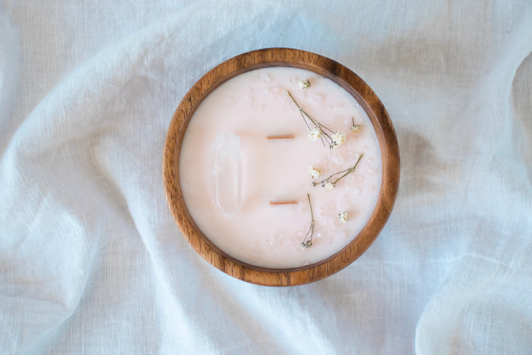 Floral + Crystal Soy Candle in Wood Bowl - Blush Pink