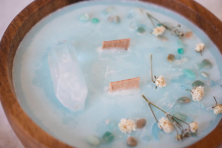 Floral + Crystal Soy Candle in Wood Bowl - Aqua