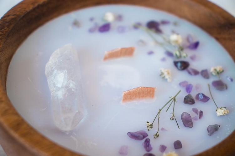 Floral + Crystal Soy Candle in Wood Bowl - Lilac