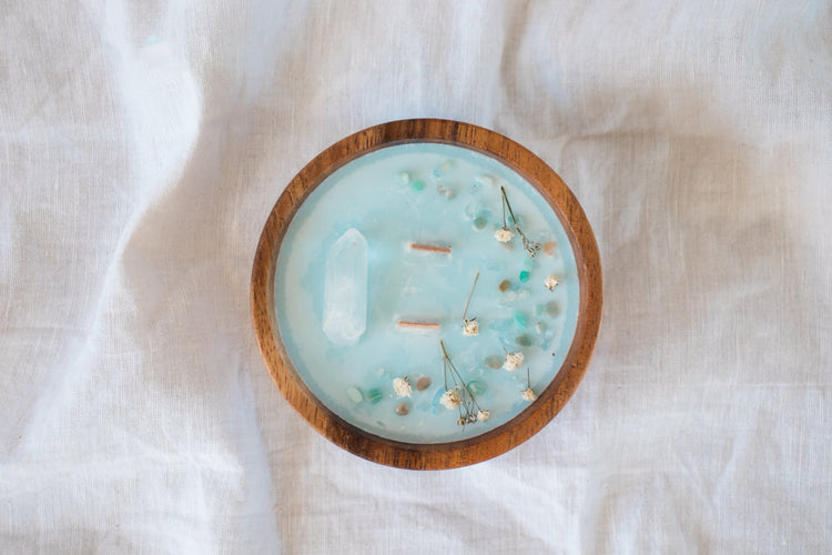 Floral + Crystal Soy Candle in Wood Bowl - Aqua