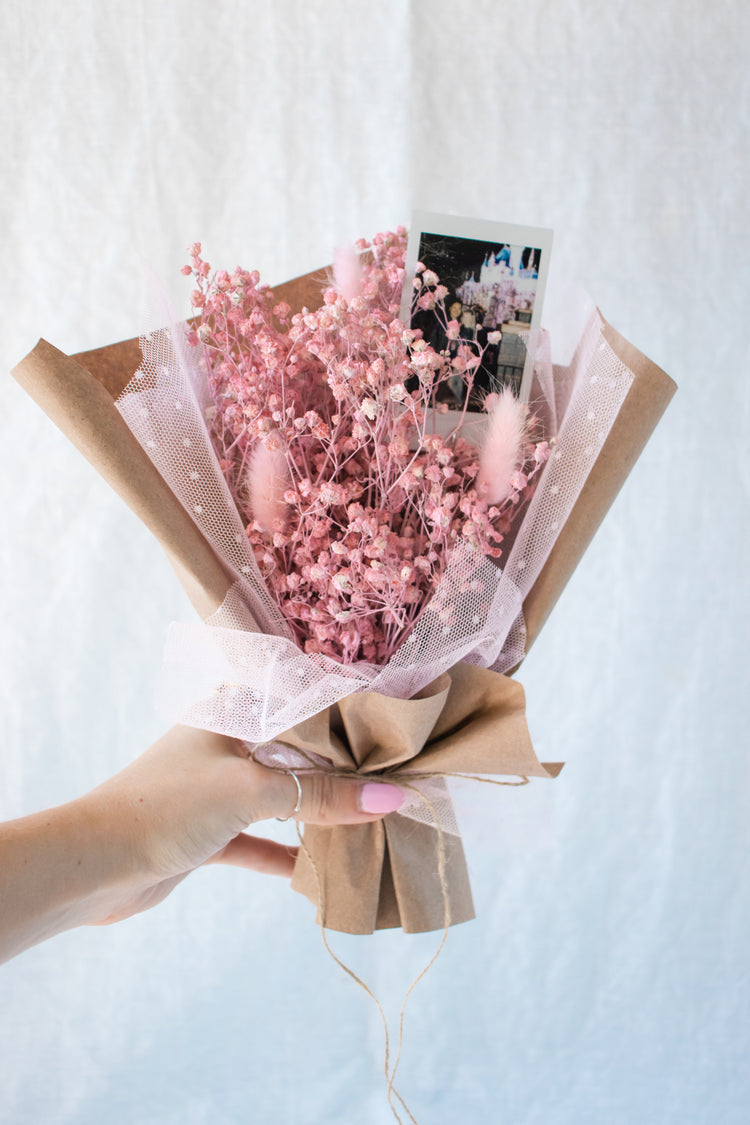 Petite Custom Photo Bouquet - Dried Pink Baby’s Breath + Kraft Wrap