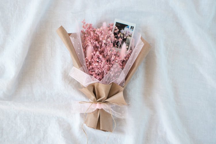 Petite Custom Photo Bouquet - Dried Pink Baby’s Breath + Kraft Wrap
