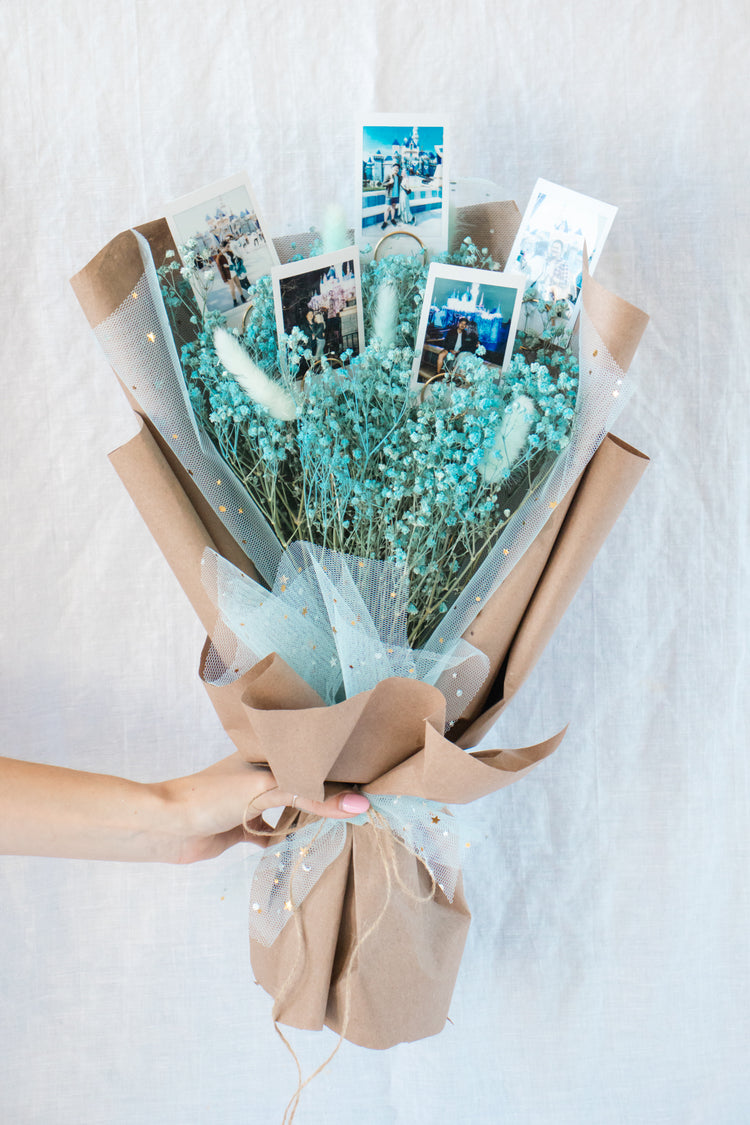 Grande Custom Photo Bouquet - Dried Blue Baby’s Breath + Kraft Wrap