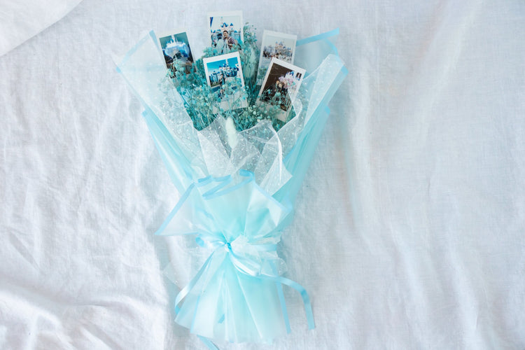 Grande Custom Photo Bouquet - Dried Blue Baby’s Breath + Aqua Wrap